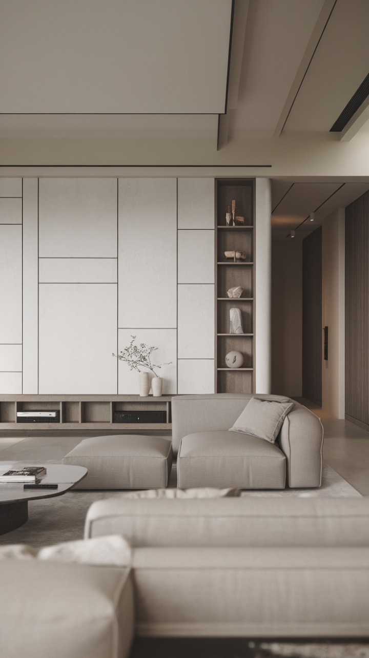 Uncluttered elegance reigns in this contemporary living room. Neutral tones, subtle textures, and clean lines create a haven of calm sophistication. The minimalist furniture and open space invite relaxation and quiet contemplation.