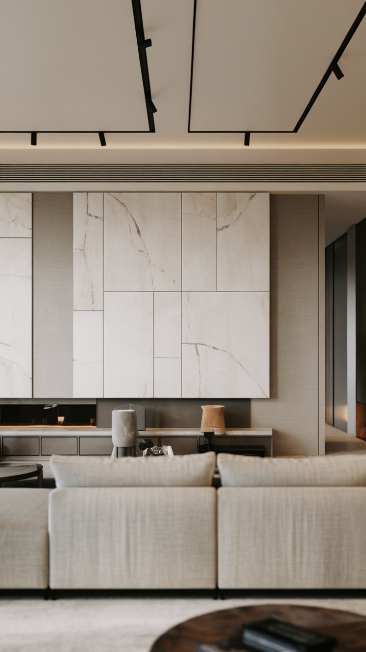 Find your sanctuary in this serene minimalist space. A symphony of whites, grays, and warm wood tones, punctuated by sleek furniture and an airy openness, defines modern living at its finest. Pure, peaceful, and profoundly stylish.