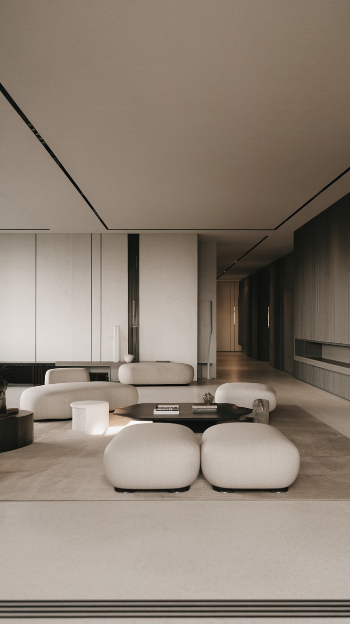 In this stunning contemporary minimalist living room, the essence of modern design is captured through a harmonious blend of sleek furniture and a refined color palette of whites, greys, and blacks. The open space is characterized by clean lines and an uncluttered aesthetic, where subtle textures play a pivotal role in enhancing the serene ambiance. This thoughtfully designed retreat invites relaxation and reflection, making it an ideal setting for both social gatherings and quiet moments of solitude.