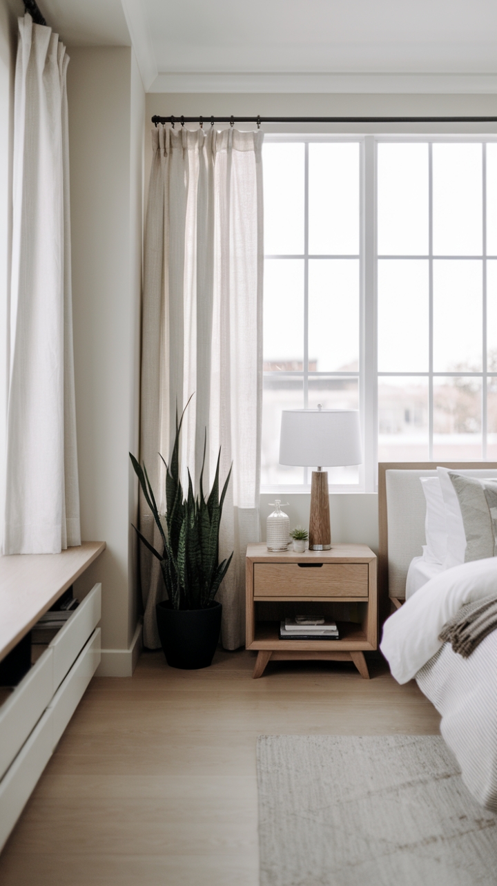 Embracing the essence of contemporary minimalism, this bedroom showcases a harmonious blend of simplicity and sophistication. The pristine white walls and bed frame create a canvas of calm, while the light wood flooring adds a touch of warmth underfoot. A wooden nightstand and lamp provide functional elegance, adorned with select decorative pieces that maintain the uncluttered aesthetic. Bathed in natural light from expansive windows, the soft curtains gently frame the view, while a lush plant introduces a refreshing pop of green, inviting serenity and style into this chic sanctuary.