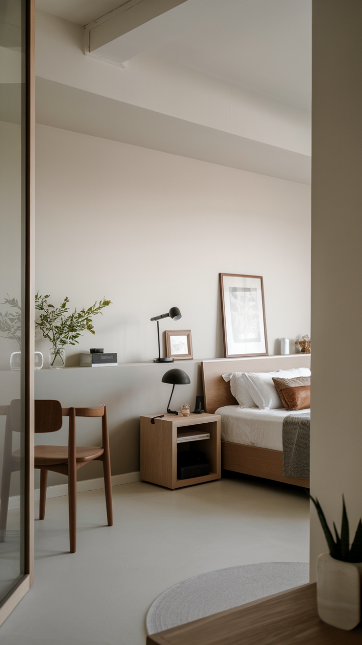 Find your focus in this exquisitely understated bedroom. A symphony of white, beige, and grey, punctuated by the organic texture of wood furniture, fosters a sense of peace and quietude. Minimalist yet inviting, this space is a testament to the power of less.