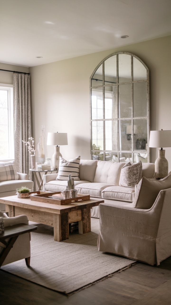 Rustic charm meets modern sophistication in this idyllic living room. A reclaimed wood coffee table anchors the space, its raw texture playing beautifully against the plush sofa and soft rug. A grand vintage mirror adds a touch of old-world elegance, reflecting the soft light and creating an airy ambiance. The neutral palette ensures a calming retreat, perfect for unwinding after a long day.