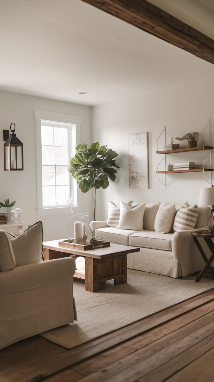 Rustic charm meets modern minimalism in this sun-drenched living room. Reclaimed wood floors, a creamy sofa, and vintage farmhouse accents create a space that's both inviting and effortlessly chic. The neutral palette is punctuated by pops of greenery and the warm glow of natural light, resulting in a haven of understated elegance.