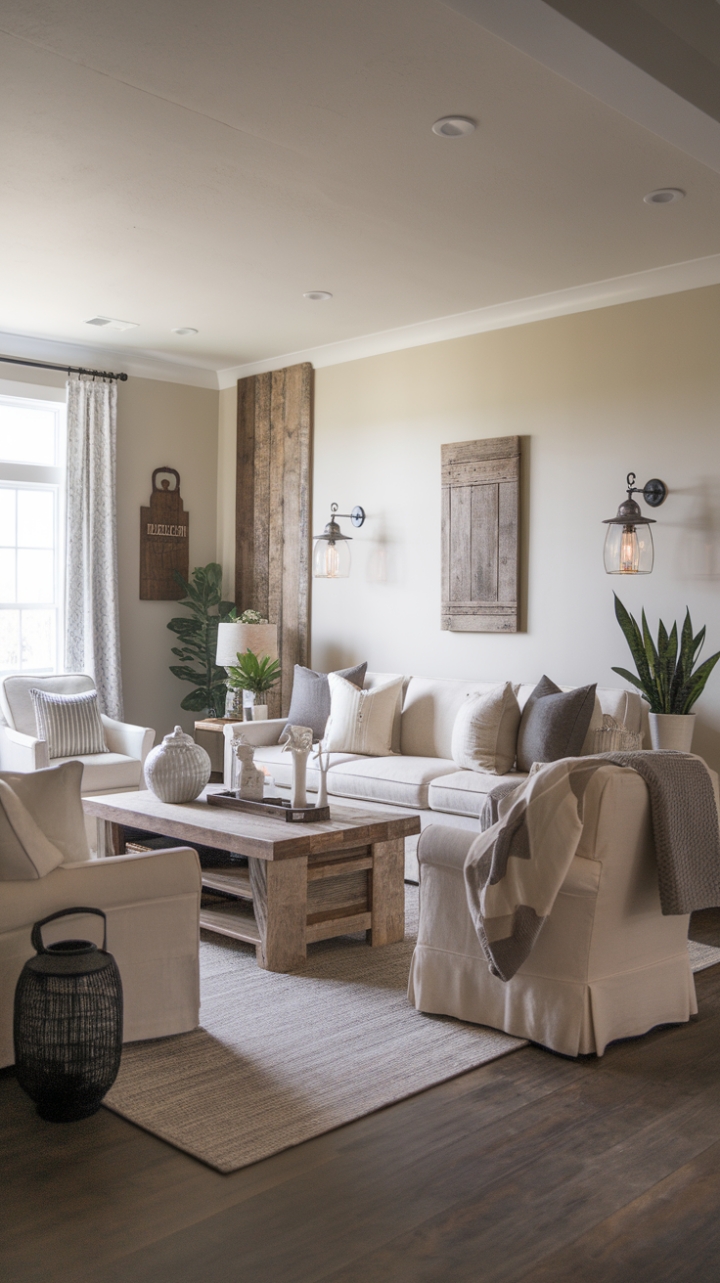 This contemporary farmhouse living room exudes a serene charm, blending rustic elements with modern simplicity. The soothing neutral palette of beige, white, and gray creates a tranquil backdrop, while the reclaimed wood coffee table adds a touch of warmth and character. Vintage farmhouse accents, like the charming lantern and wooden sign, infuse the space with personality, harmonizing beautifully with the minimalist design. Lush potted plants breathe life into the room, complementing the clean lines and open layout, making it an inviting haven for relaxation and connection.