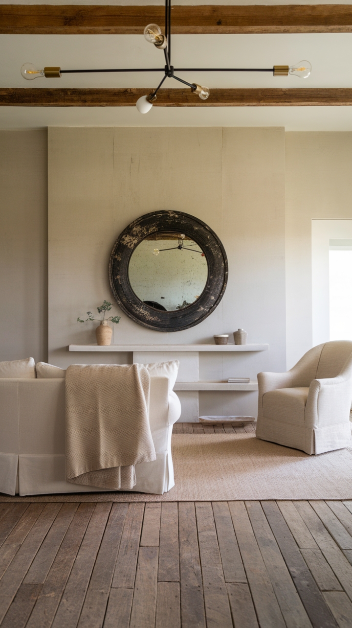 In this contemporary farmhouse living room, rustic modern decor meets effortless elegance, creating a space that feels both inviting and sophisticated. The soothing neutral palette is punctuated by a large, plush sofa adorned with a beige blanket, inviting you to sink in and unwind. A matching chair nearby complements the cozy seating arrangement, while the reclaimed wood flooring adds a touch of warmth and history. A vintage-inspired round mirror with a distressed black frame draws the eye, reflecting the minimalist charm of the wall featuring simple white shelves. Above, a striking white light fixture with multiple bulbs illuminates the room, casting a soft glow that enhances the overall ambiance of this beautifully curated space.