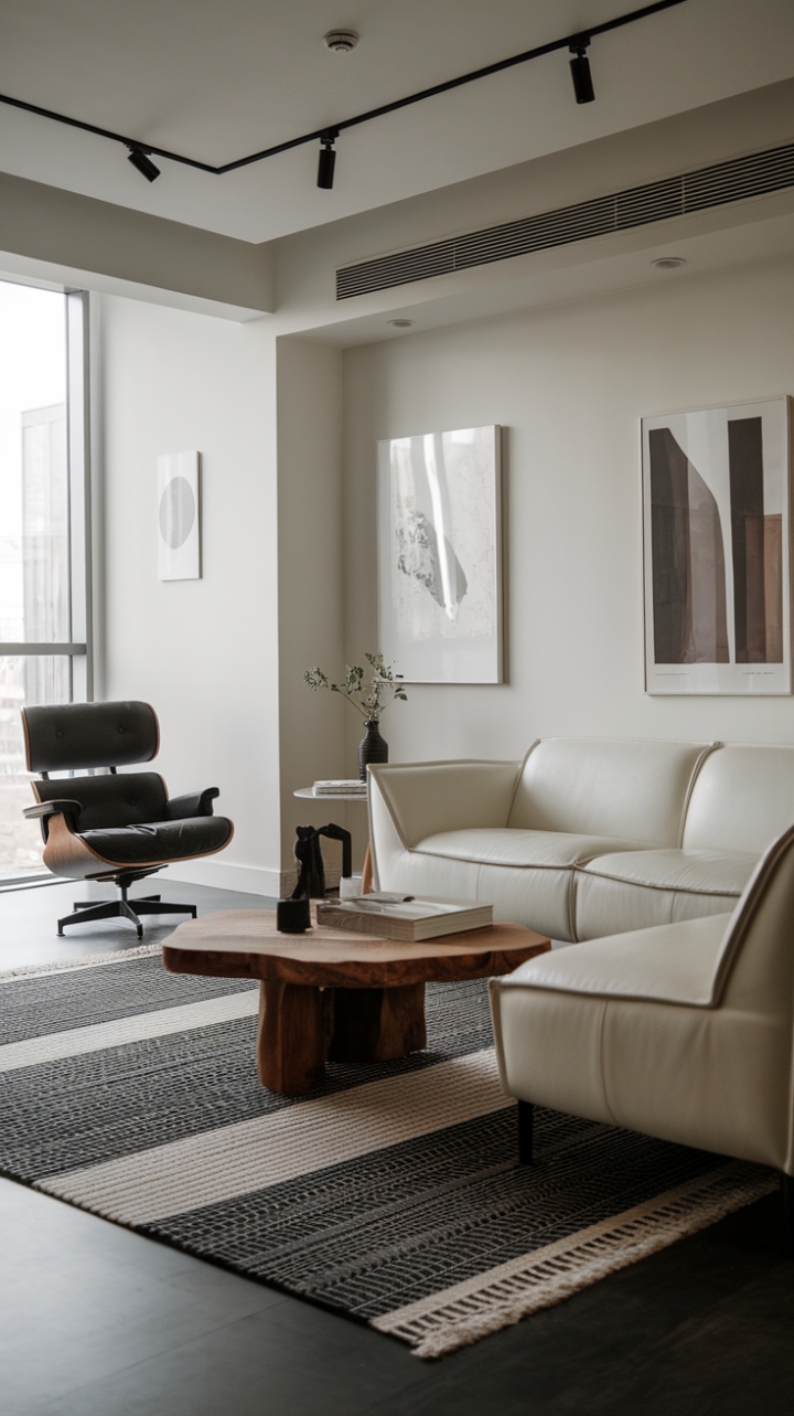 Modernity meets minimalist chic in this urban oasis. Sleek white furniture, a graphic black and white rug, and a warm wooden coffee table coalesce to form a living room that's both stylish and supremely functional. The strategic placement of a comfortable lounge chair invites relaxation, while the carefully curated artwork adds a touch of personality to this impeccably designed space.