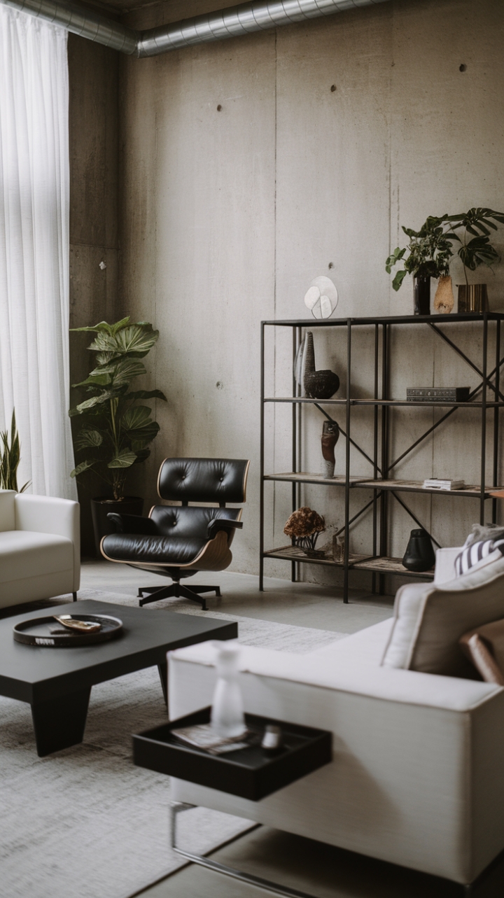 In this chic living room, modern minimalism takes center stage, showcasing a harmonious balance between style and simplicity. The pristine white sofa offers a crisp contrast to the industrial concrete wall, while the sleek black coffee table adds a touch of sophistication. A cozy lounge chair nestled in the corner invites you to unwind, surrounded by vibrant potted plants that infuse the space with a refreshing touch of nature. The metal shelf, adorned with thoughtfully chosen decorative pieces, enhances the urban aesthetic, while the plush rug underfoot provides warmth and texture, making this room a true sanctuary of contemporary living.