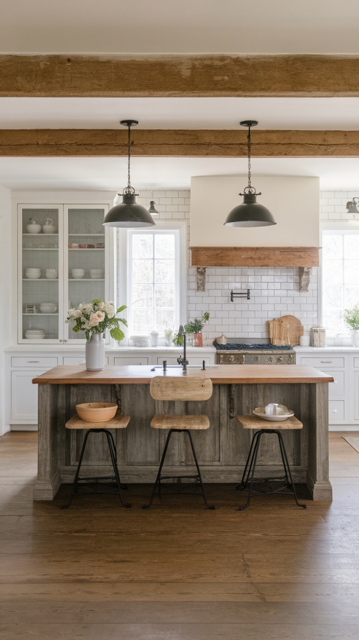 Rustic charm meets modern minimalism in this breathtaking kitchen. Reclaimed wood whispers stories of the past, while sleek lines and a crisp color palette create a space that's both inviting and sophisticated. The perfect blend of vintage farmhouse and contemporary cool.