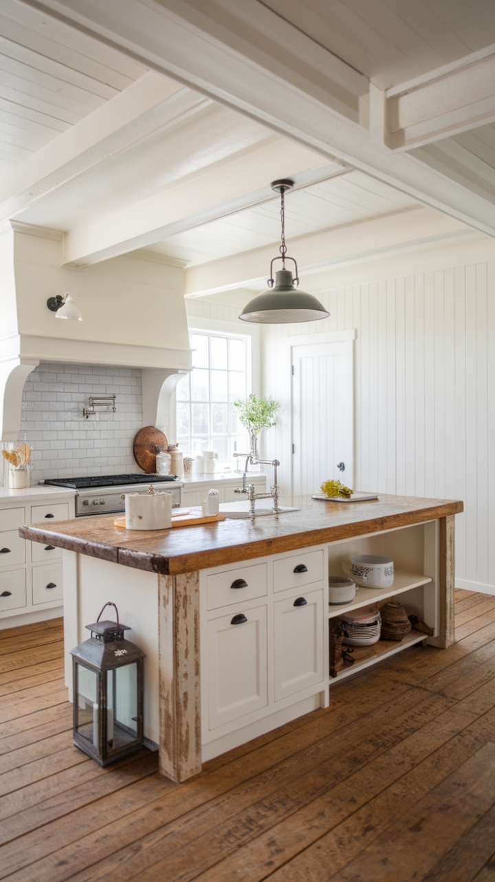 This contemporary farmhouse kitchen beautifully marries modern design with rustic charm, showcasing an open concept layout that invites warmth and functionality. At the heart of the space, a large island with a reclaimed wood top serves as both a culinary hub and a gathering spot, complete with a sleek sink and thoughtfully curated decor. The crisp white walls and cabinets create a bright backdrop, while a striking pendant light casts a warm glow over the island, enhancing the inviting atmosphere. Rustic wood flooring adds texture and depth, harmonizing perfectly with vintage farmhouse accents like a charming lantern on the counter, embodying a minimalist yet cozy aesthetic that feels both timeless and fresh.