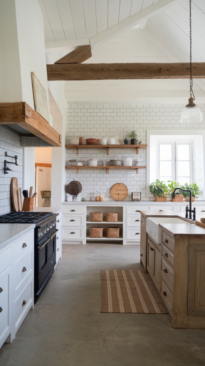 This contemporary farmhouse kitchen beautifully marries modern design with rustic charm, showcasing a stunning high ceiling adorned with a striking wooden beam that adds warmth to the airy space. The large island, featuring a sleek black stove and a pristine white sink, serves as a functional centerpiece, while the concrete floor grounds the room with an industrial touch. Wooden shelves line the walls, artfully displaying an array of pots, pans, and charming baskets, complemented by a classic white tile backsplash that enhances the kitchen's bright aesthetic. Lush potted plants near the window breathe life into the space, creating a perfect blend of vintage farmhouse decor and contemporary elegance.