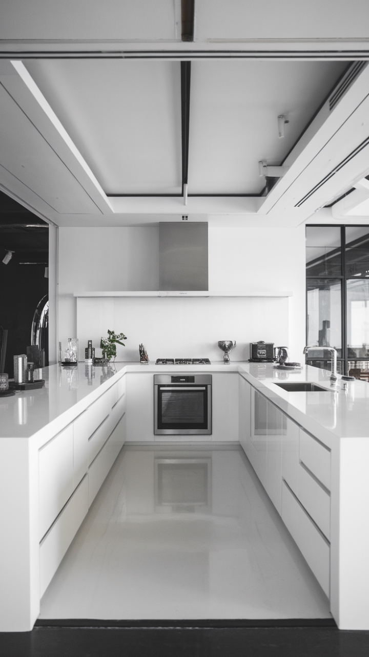 Sculptural lines and a pristine palette define this contemporary kitchen's minimalist aesthetic. Black accents and stainless steel appliances punctuate the all-white expanse, creating a space that's both strikingly modern and serenely calming. The open-concept design seamlessly integrates the kitchen into the larger living area, fostering a sense of airy spaciousness.