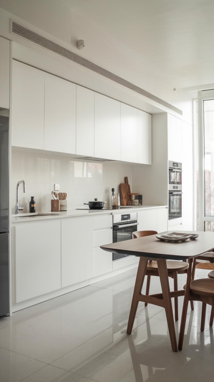Pure, pristine, and perfectly planned: this monochrome kitchen is a study in streamlined sophistication. Gleaming white surfaces are punctuated by the organic texture of a simple wooden table, forging a harmonious blend of form and function. A space where less is truly more.