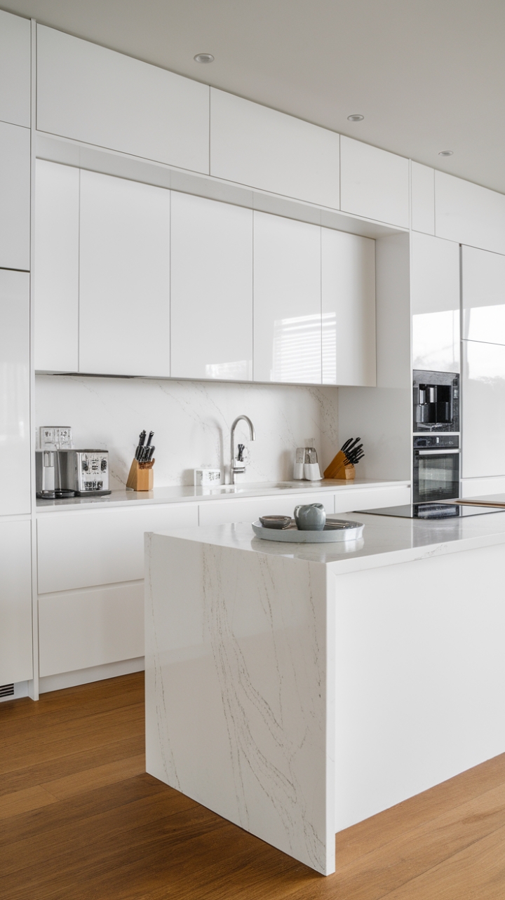 Embracing a chic monochrome palette, this modern kitchen is a testament to minimalist elegance, featuring immaculate white cabinetry and countertops that reflect light and create a sense of openness. The centerpiece, a white island adorned with a sumptuous marble top, invites culinary creativity, while sleek modern appliances tucked within the cabinetry maintain the uncluttered look. Rich hardwood flooring underfoot adds warmth and texture, making this space not only visually stunning but also inviting and functional.