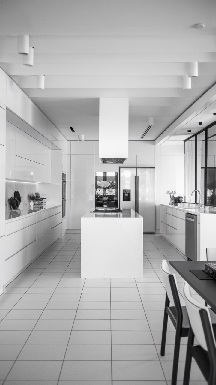 In this exquisite modern kitchen, the beauty of minimalism shines through in a pristine white palette that exudes tranquility and sophistication. The cabinetry, with its smooth finish and clean lines, perfectly complements the central island crowned with a stunning marble countertop, creating an ideal spot for both cooking and entertaining. Expansive white square tiles underfoot amplify the airy feel, while sleek appliances, including a stylish range hood and refrigerator, add a touch of contemporary flair. A minimalist dining table and chairs punctuate the space, making this open-concept kitchen a true masterpiece of modern design.