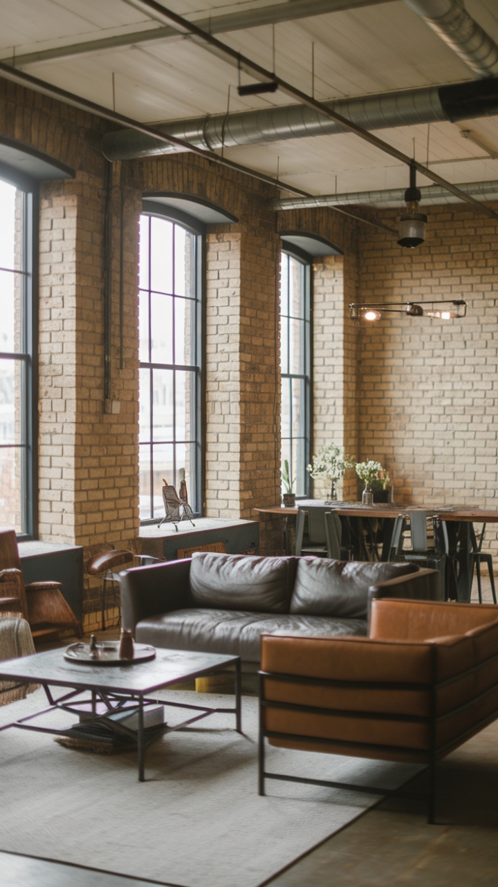 A stunning showcase of contemporary industrial style, this living room captivates with its bold exposed brick walls and a curated selection of metal and wood furnishings. The open concept layout flows seamlessly, allowing natural light to dance across the raw materials, while industrial lighting fixtures add an edgy flair. This urban oasis is a perfect blend of comfort and style, inviting you to unwind in a space that is both chic and effortlessly cool.