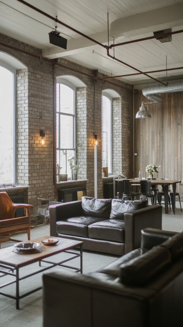 In this stunning contemporary industrial living room, the charm of urban style is on full display, featuring striking exposed brick walls that add character and warmth. The blend of metal and wood furniture creates a perfect balance of rugged and refined, while the industrial lighting fixtures punctuate the space with a touch of modern flair. With its open concept design and emphasis on raw materials, this living area is a true testament to the beauty of minimalist industrial decor, inviting both comfort and creativity.