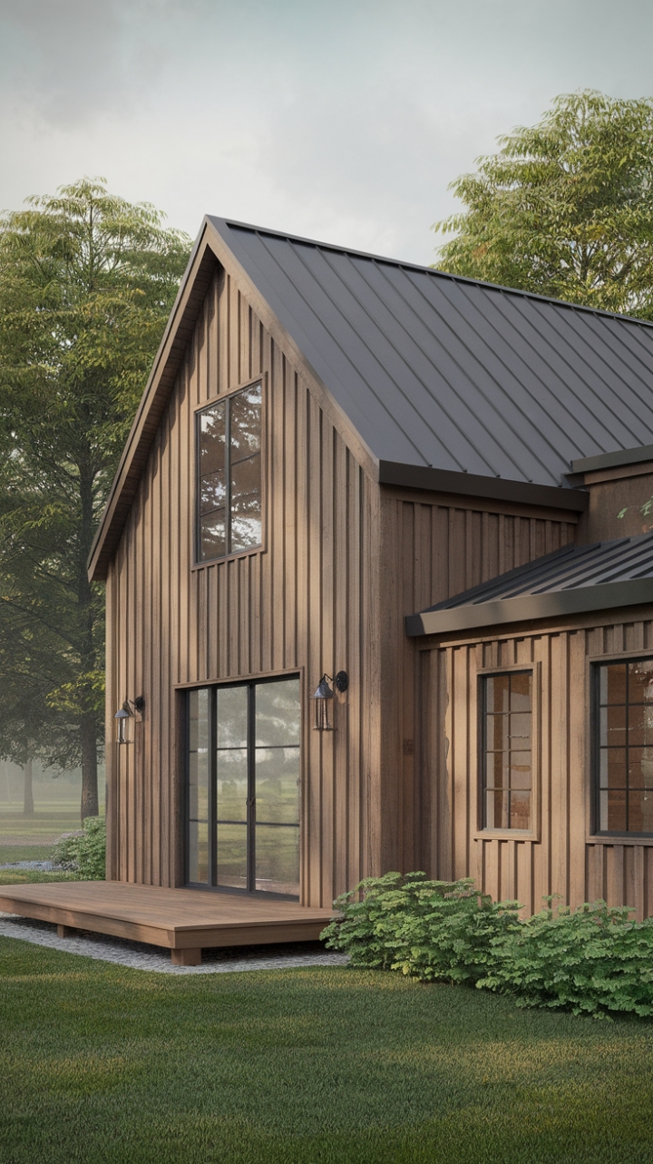 Where modern meets rustic charm. This contemporary farmhouse, nestled amongst lush greenery, boasts a warm wooden exterior, inviting deck, and picture-perfect views that will steal your heart. The perfect blend of comfort and style awaits.