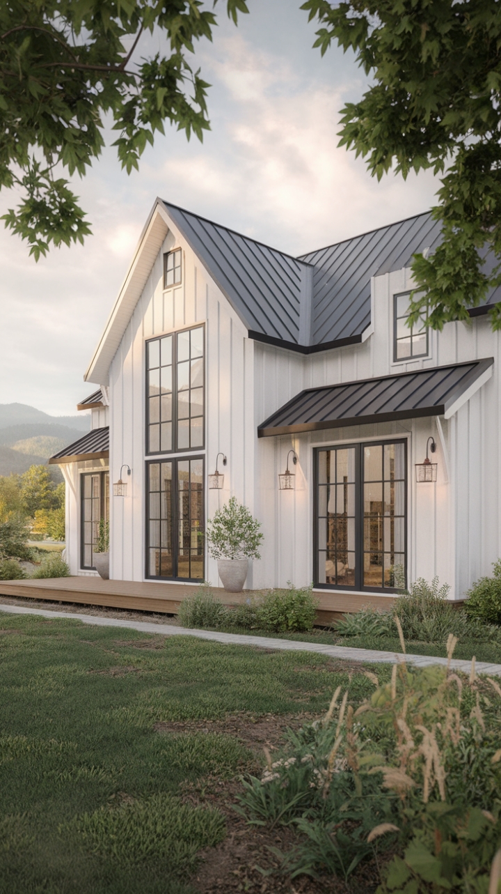 With its contemporary farmhouse design, this stunning abode features a crisp white exterior adorned with bold black accents, creating a striking visual appeal. Expansive windows not only enhance the aesthetic but also frame the picturesque landscape, while the modern metal roof adds a chic touch. A charming wooden deck guides visitors to the entrance, inviting them to explore the lush greenery that envelops the property. In the distance, the majestic mountains provide a breathtaking backdrop, completing this idyllic setting that beautifully marries rustic elegance with contemporary style.