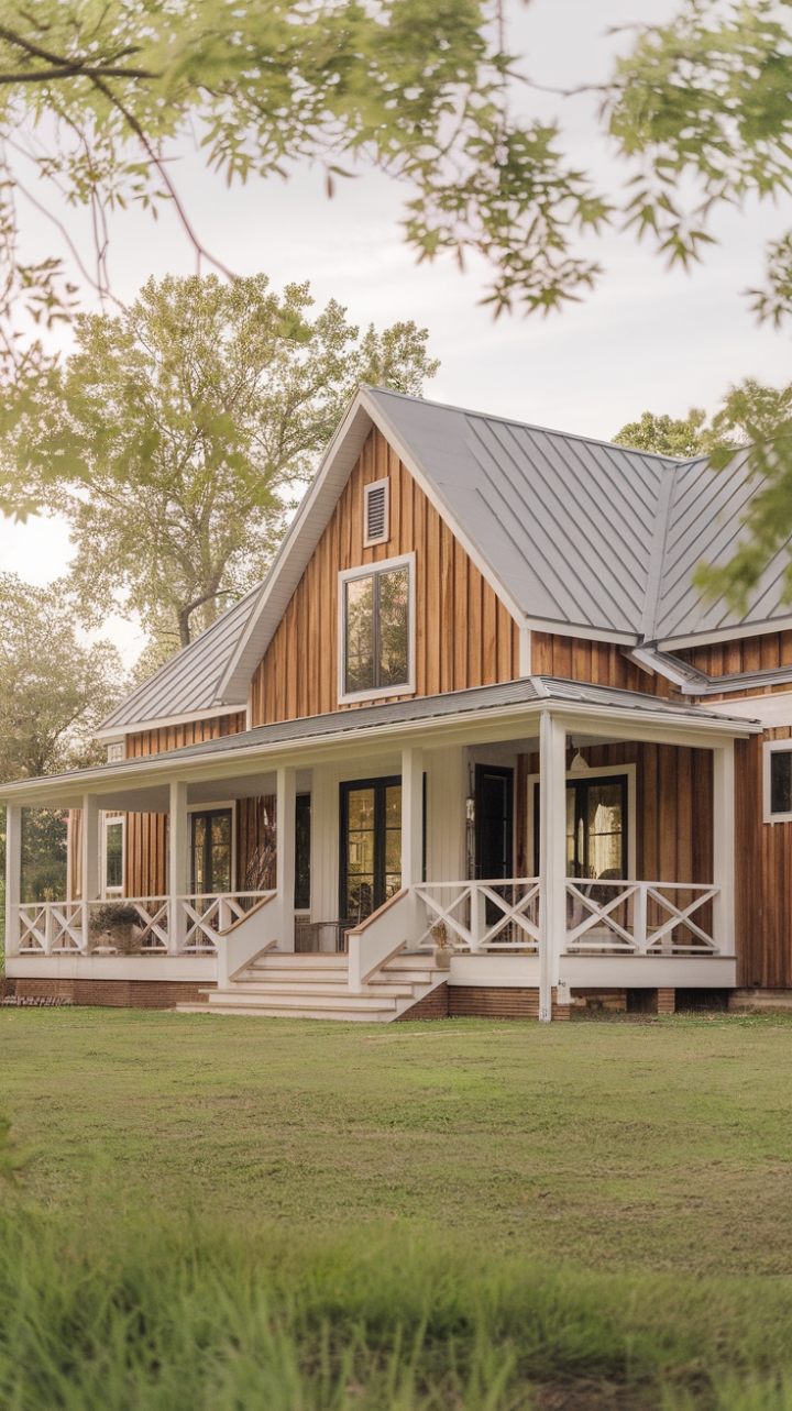 Nestled in a tranquil landscape, this modern rustic farmhouse exudes charm with its warm wooden exterior complemented by crisp white accents. The inviting open porch, adorned with elegant white railings, beckons you to relax and soak in the serene surroundings of lush greenery and gentle trees. The soft focus of the image enhances the peaceful ambiance, making this home a perfect blend of contemporary design and timeless rustic appeal.