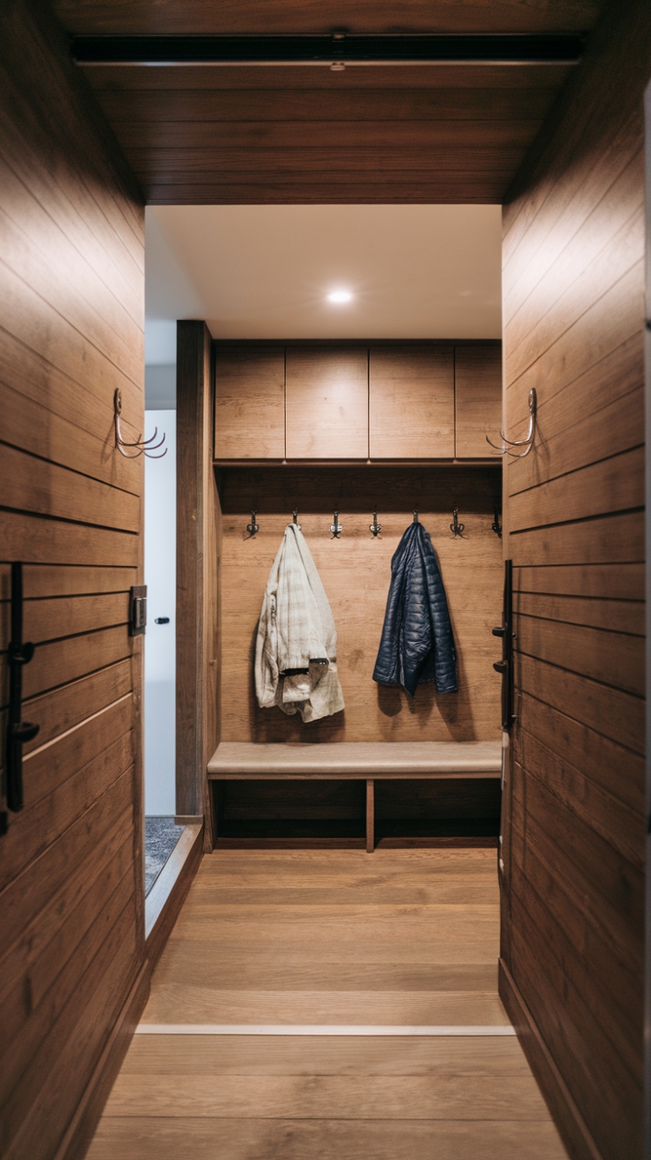 Modern living redefined: A sun-drenched hallway showcases the beauty of simplicity. Sleek wood paneling and thoughtfully placed hooks create a welcoming vestibule that transitions effortlessly into a stylish mudroom, featuring a comfortable bench. This space is both functional and breathtakingly beautiful.