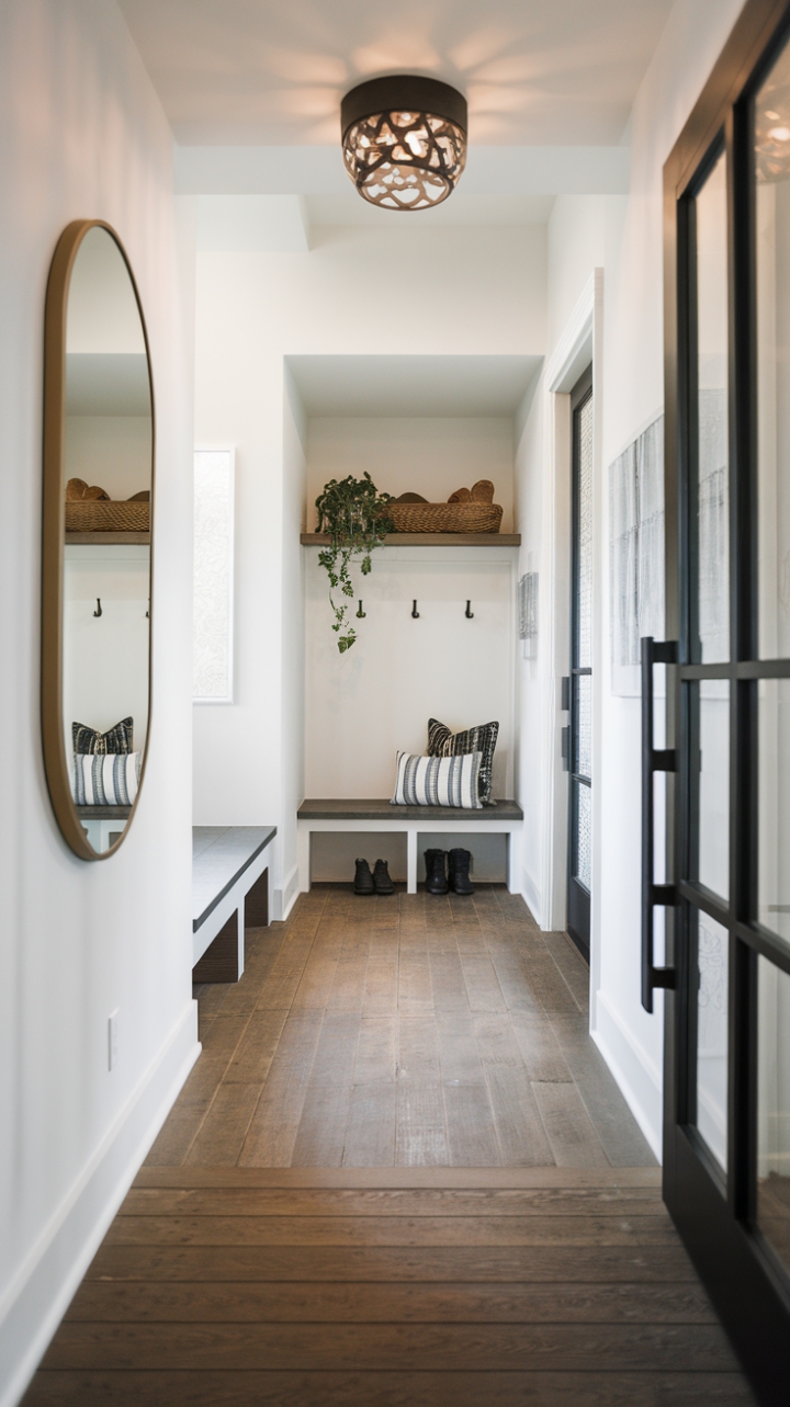 Modern living at its finest: Clean lines and functional design converge in this breathtaking hallway. A mirrored wall expands the sense of space, while a built-in mudroom and welcoming reception area offer both practicality and panache. The rich wood flooring and carefully curated details create an inviting atmosphere that's both sophisticated and supremely livable.