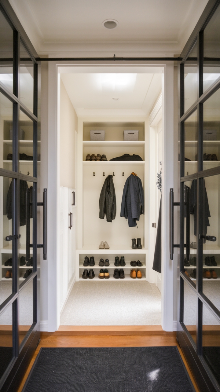This contemporary foyer exudes sophistication with its minimalist design, featuring a sleek entrance that sets the tone for the entire home. The stylish vestibule serves as a welcoming reception area, seamlessly blending form and function, while the chic mudroom in the background adds a touch of practicality with its curated display of shoes and coats. Every element in this space reflects the latest trends in interior design, creating an inviting atmosphere that balances modern aesthetics with everyday utility.