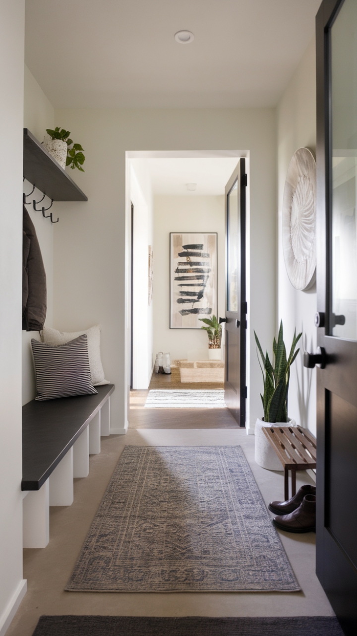 This contemporary entryway exudes sophistication with its minimalist design and functional elegance. The stylish mudroom, complete with a sleek bench and ample storage, sets the tone for a welcoming atmosphere, while the chic vestibule features a tasteful rug and a wall-mounted shelf that perfectly blend form and function. Complemented by a few carefully chosen decorative items and a vibrant plant, the hallway decor enhances the clean, organized aesthetic, making this space a stunning introduction to the home.