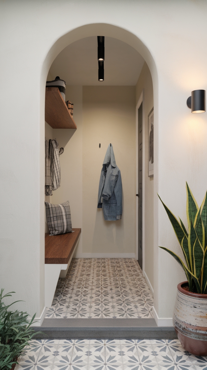 The modern entryway captivates with its minimalist charm, featuring a sleek vestibule that flows into a stylish mudroom, perfectly balancing practicality and design. The walls, painted in soft light tones, create an airy ambiance, while the patterned tile floor adds a sophisticated layer of texture. A vibrant plant in a ceramic pot stands as a focal point, bringing a hint of greenery that breathes life into this elegant space, making it a welcoming introduction to the home.