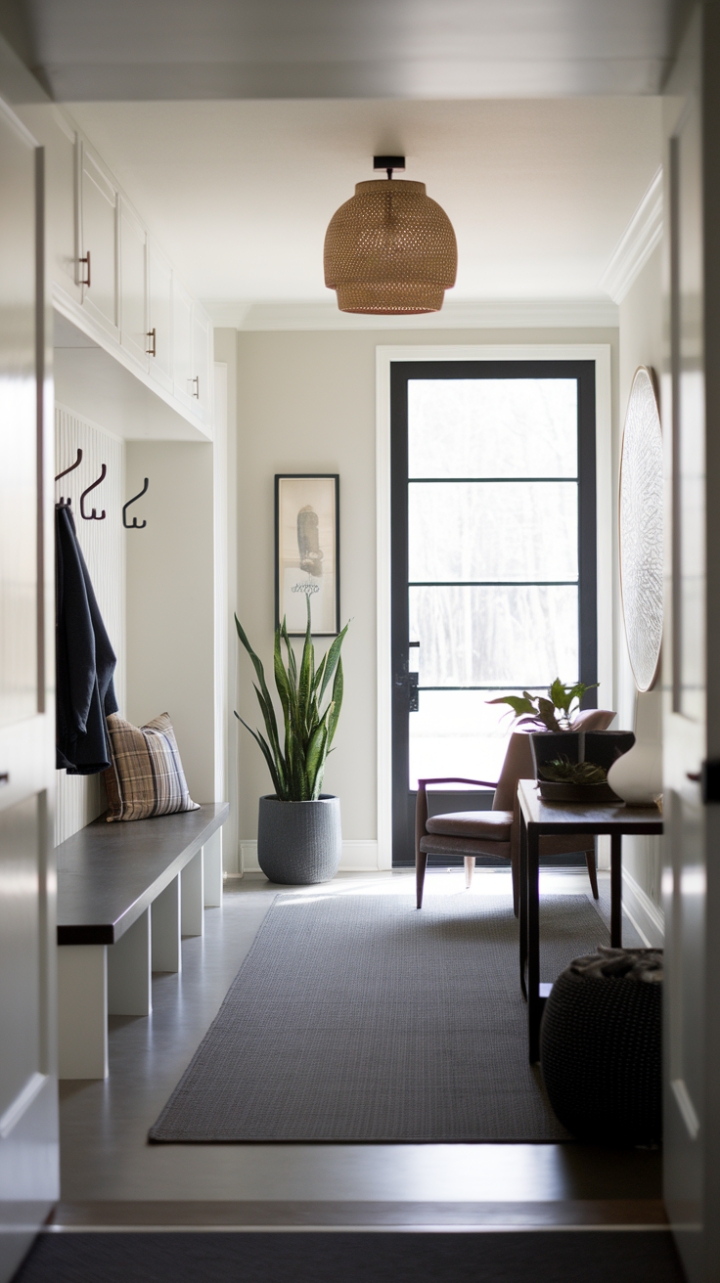 This contemporary entryway exudes a sense of calm and sophistication, where minimalist design meets functional elegance. The sleek mudroom, complete with a chic bench and stylish coat hooks, invites organization while maintaining a clean aesthetic. A decorative lamp casts a warm glow, enhancing the bright ambiance, while a vibrant potted plant adds a touch of nature to the space. The crisp white walls beautifully contrast with the dark gray rug, grounding the room, while carefully selected furniture pieces, including a modern chair and table, create a welcoming atmosphere perfect for greeting guests.
