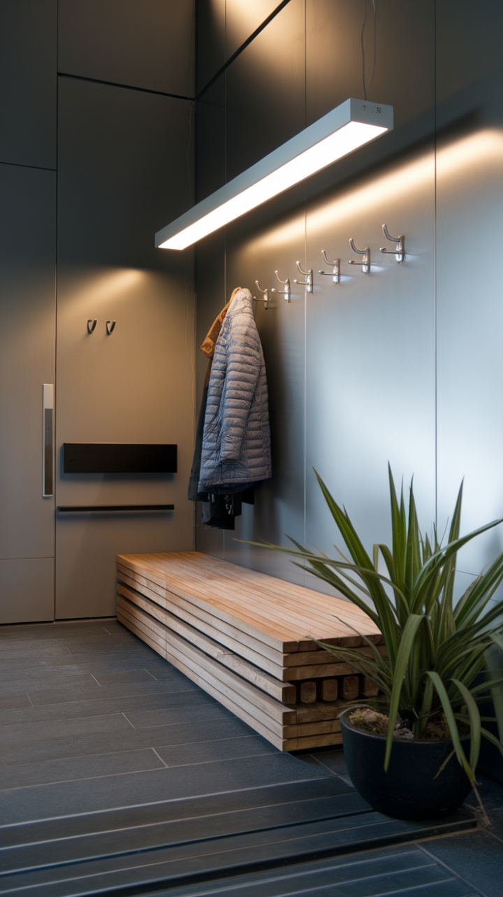 This modern entranceway exudes a refined simplicity, where sleek lines meet warm textures. A stylish wooden bench invites you to pause, complemented by a vibrant potted plant that adds a touch of nature to the contemporary space. The dark grey tiled floor creates a striking contrast, grounding the design while a minimalist coat rack displays a curated selection of outerwear. Above, a few hooks and a small shelf provide practical storage without compromising the aesthetic, all illuminated by a striking long white pendant light that casts a soft glow, making this entryway both functional and inviting.