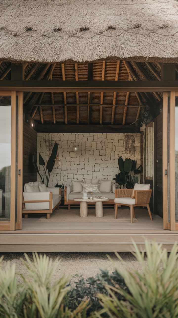 Escape to tranquility in this modern rustic cottage, where minimalist design meets the charm of a thatched roof and stone walls. The cozy interior, punctuated by carefully chosen furniture and lush greenery, invites relaxation and peaceful contemplation.