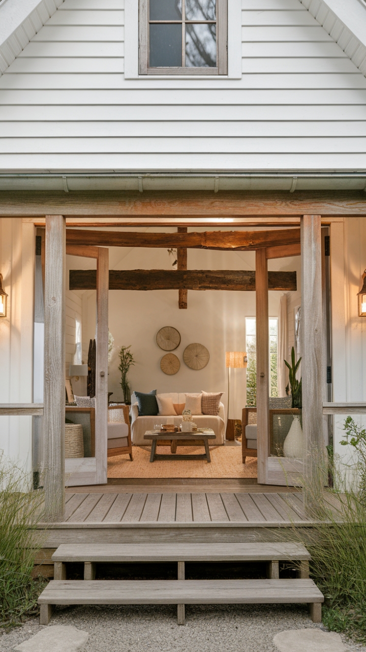 Where rustic charm meets modern minimalism. This contemporary cottage boasts a sun-drenched interior, showcasing a harmonious blend of exposed wooden beams, cozy furnishings, and carefully curated décor. The perfect retreat for those seeking understated elegance and tranquil living.