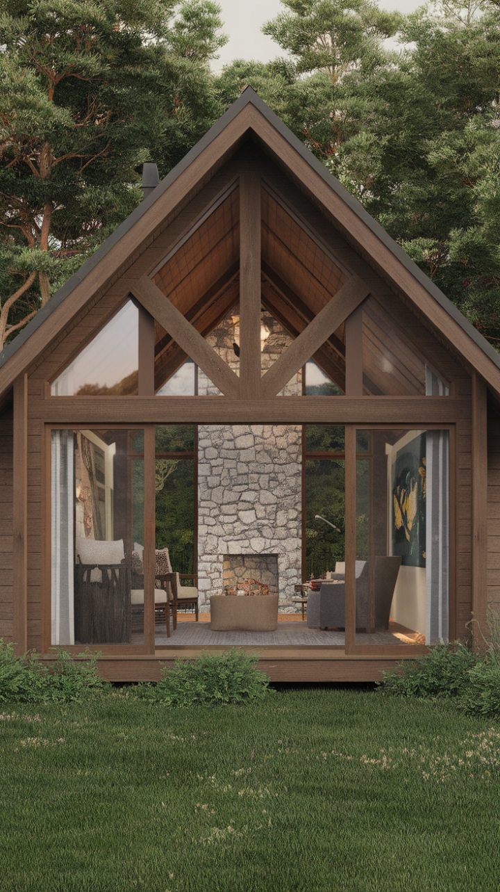 Discover the perfect blend of rustic charm and contemporary chic in this idyllic cottage. Natural light floods the minimalist interior, highlighting the exposed stone fireplace and handcrafted details, creating a haven of peace and understated elegance nestled within a vibrant green landscape.