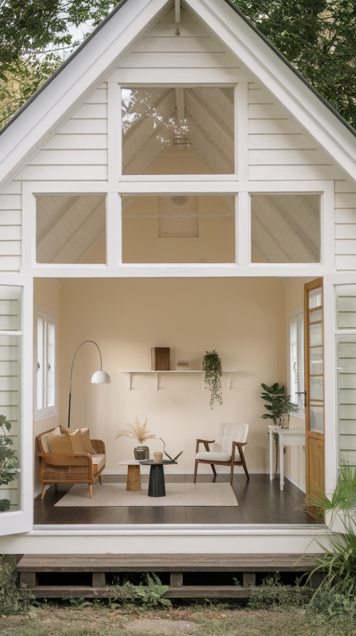 Where modern minimalism meets rustic charm. Sunlight streams through expansive windows, illuminating a soft beige interior, dark wood floors, and carefully curated furniture. The perfect blend of indoor serenity and outdoor vibrancy.