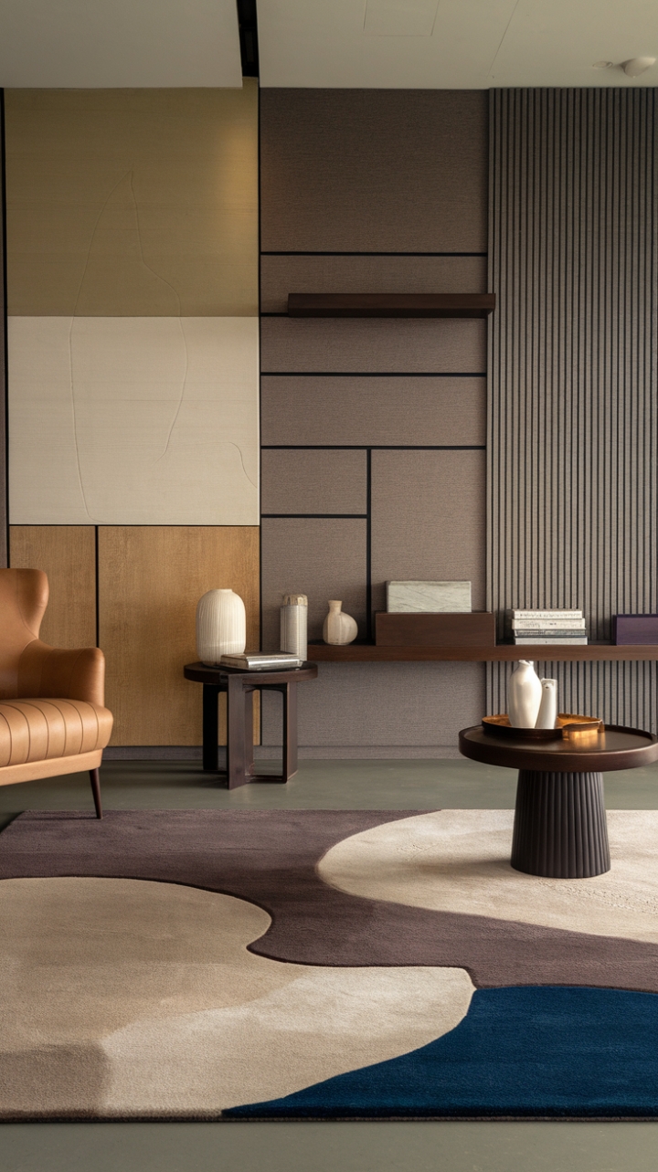 Unwind in this haven of contemporary cool. A plush, patterned rug anchors the space, its modern design echoing in the sleek lines of the minimalist furniture and carefully curated accessories. The result? A living room that's both stylish and supremely comfortable.