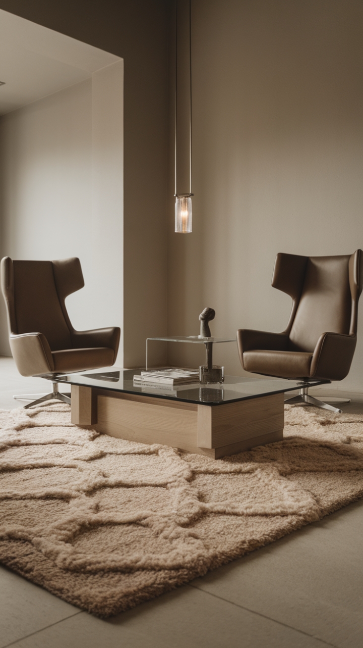 Modern living redefined: This minimalist haven showcases the power of subtle details. A richly patterned rug anchors the space, its vibrant design a captivating focal point against the muted grey walls. The clean lines of the wood and glass coffee table and high-backed chairs create a sophisticated atmosphere, perfectly complemented by the stylish pendant lighting.