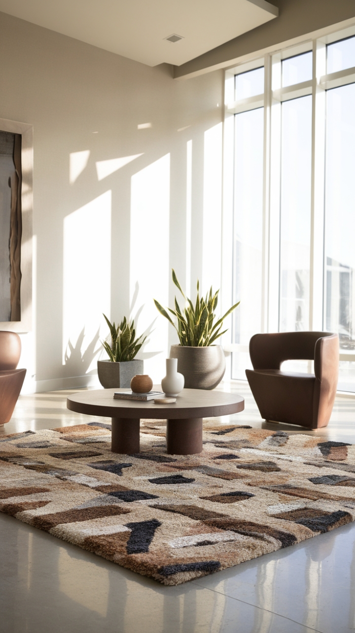 This modern living room exudes a serene elegance with its minimalist design, where a plush, contemporary rug featuring a chic pattern anchors the space on a sleek floor. The light-colored walls create a bright backdrop for the carefully curated selection of contemporary accessories, including a round wooden coffee table and stylish modern chairs that invite relaxation. Lush potted plants add a touch of nature, while the generous natural light pouring in through large windows enhances the room's airy ambiance, making it a perfect retreat for both comfort and style.