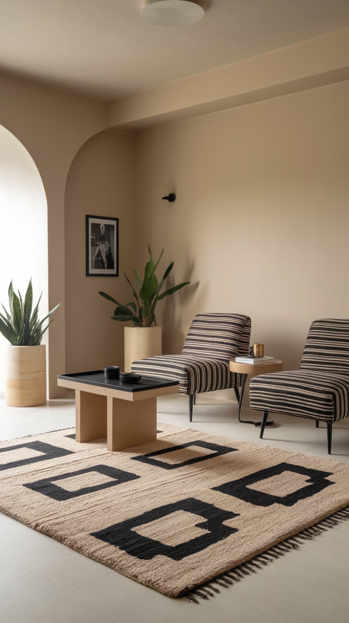 Modern living redefined: This contemporary space showcases the power of understated design. A captivating patterned rug grounds the room, its graphic energy balanced by the clean lines of the black and white chairs and minimalist coffee table. Neutral tones create a calming atmosphere, while carefully placed accents-a verdant plant, a framed print-inject personality without disrupting the overall sense of calm and refined style.