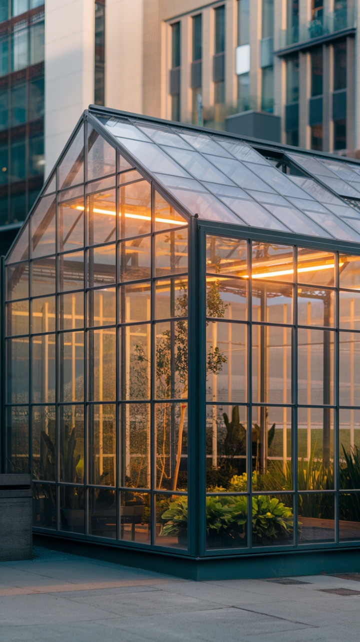 Concrete jungle, meet botanical bliss. This sleek, glass-encased greenhouse offers a sophisticated escape, showcasing a curated collection of greenery against a backdrop of urban dynamism. A testament to the beauty of contrast and the art of indoor gardening.