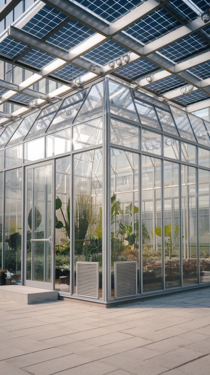 Urban Oasis: A minimalist glass greenhouse, seamlessly blending high-tech functionality with nature's vibrant beauty. Solar panels whisper sustainability, while the sleek design speaks volumes of modern sophistication. Imagine cultivating your own paradise amidst the city's pulse.