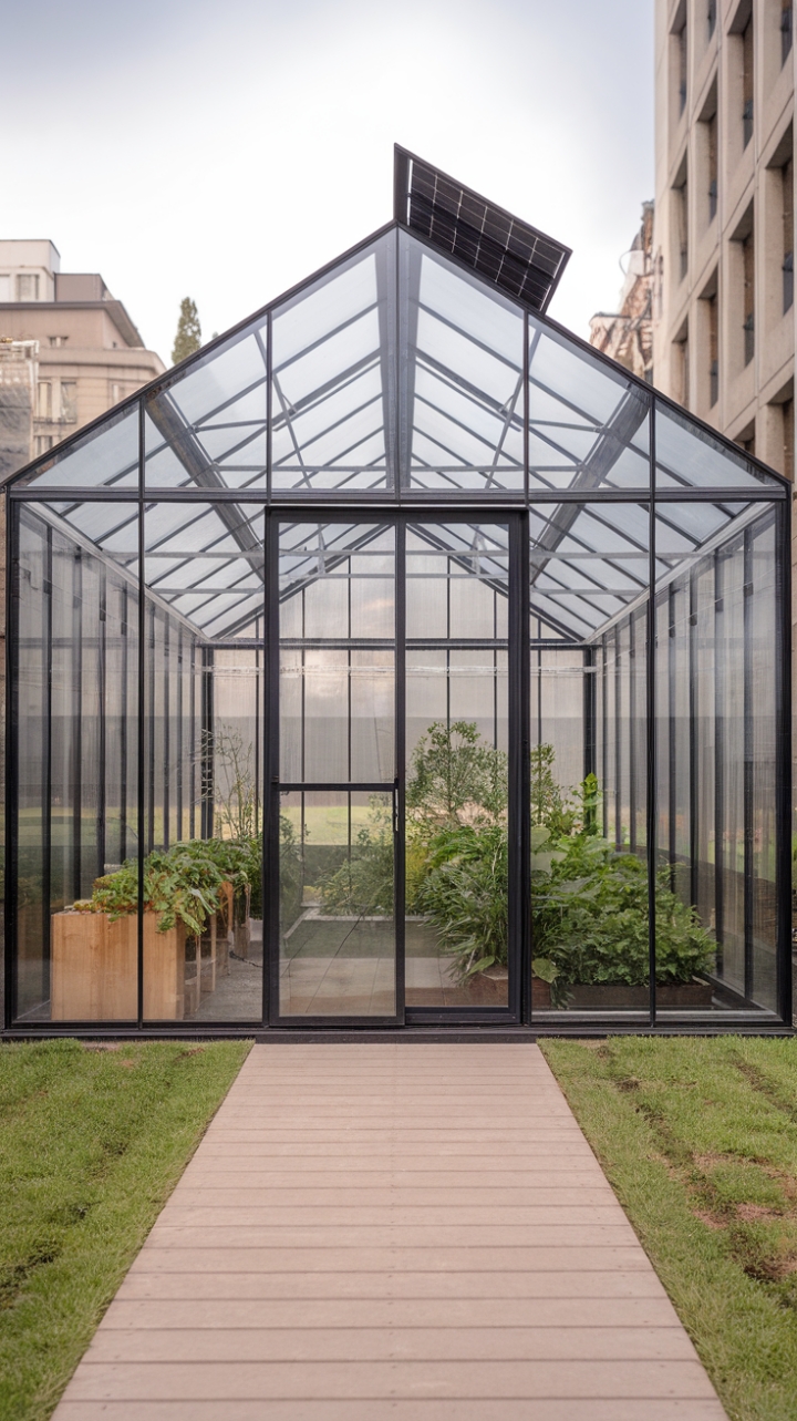 This stunning modern greenhouse redefines urban gardening with its sleek, minimalist design, seamlessly blending glass and nature against a backdrop of city buildings. Inside, a curated selection of plants thrives under the innovative features of this sustainable sanctuary, including a solar panel that harnesses the sun's energy and a smart irrigation system that ensures optimal growth. A warm wooden path guides visitors to the entrance, inviting them to explore this harmonious fusion of technology and greenery, where contemporary aesthetics meet eco-conscious living.