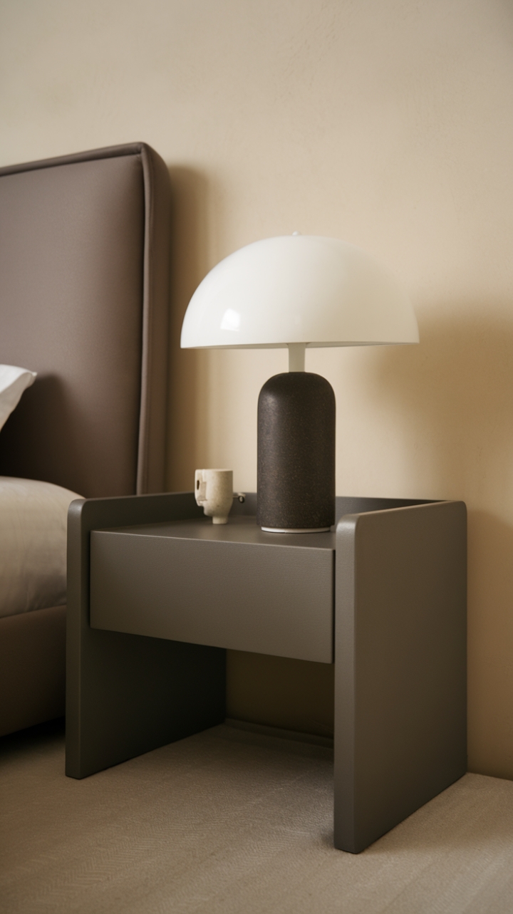 Unveiling understated elegance: This dark grey nightstand, a study in minimalist form, anchors the bedroom with quiet sophistication. The sleek design and subtle texture create a sanctuary of calm, perfectly complemented by the soft glow of the white lampshade.