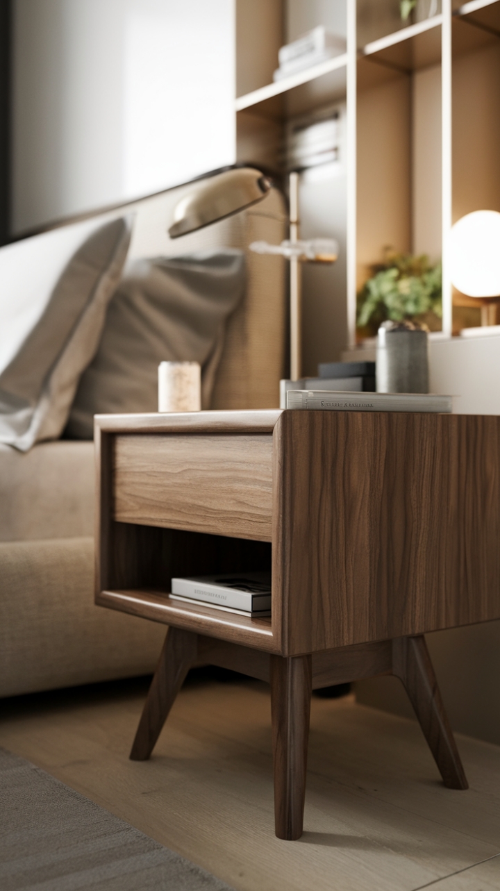 This contemporary nightstand embodies the essence of minimalist design, seamlessly blending functionality with style in a modern bedroom setting. Crafted from rich wood, its sleek silhouette features a single drawer and a small shelf, perfect for stowing away nighttime essentials while showcasing a charming plant and a stylish lamp. Bathed in soft, ambient lighting, the room exudes a tranquil atmosphere, inviting relaxation and personal expression in every detail.