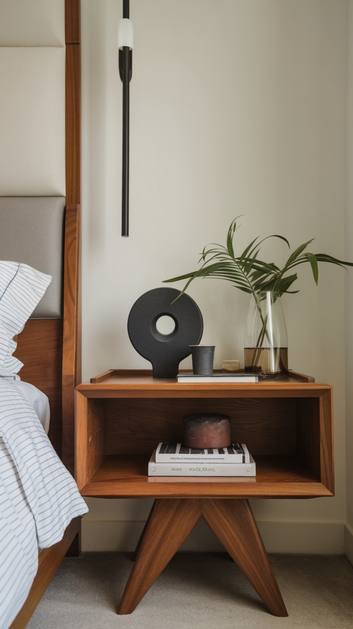 Modern minimalism meets refined comfort. This sleek nightstand, crafted from rich wood, adds a touch of understated luxury to the contemporary bedroom. Its clean lines and subtle detailing create a space that's both stylish and serene, a perfect blend of form and function.