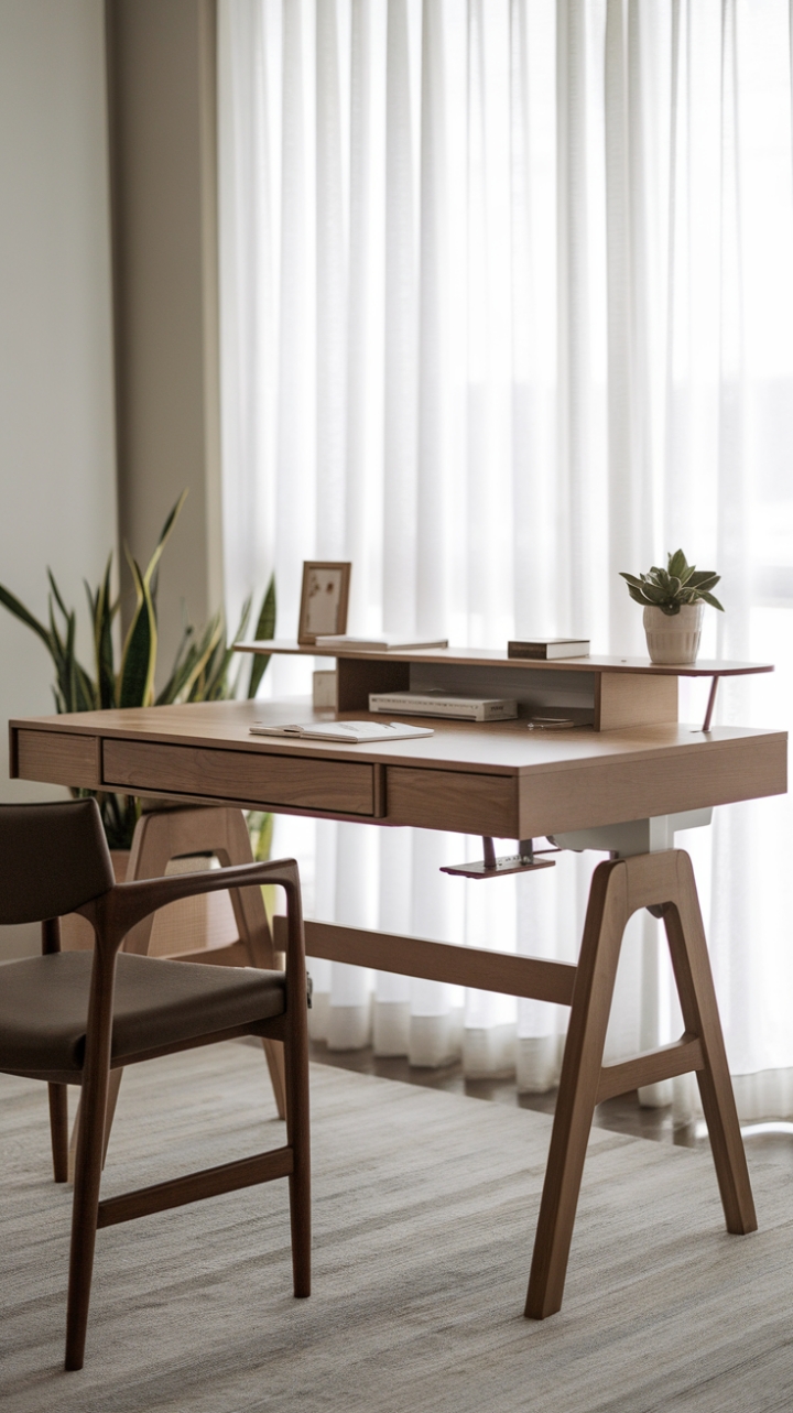 Uncluttered elegance meets functional brilliance in this contemporary home office. The minimalist wood desk, with its adjustable height and smart storage, is the perfect blend of form and function, bathed in natural light streaming from the large window. A sanctuary of calm productivity awaits.