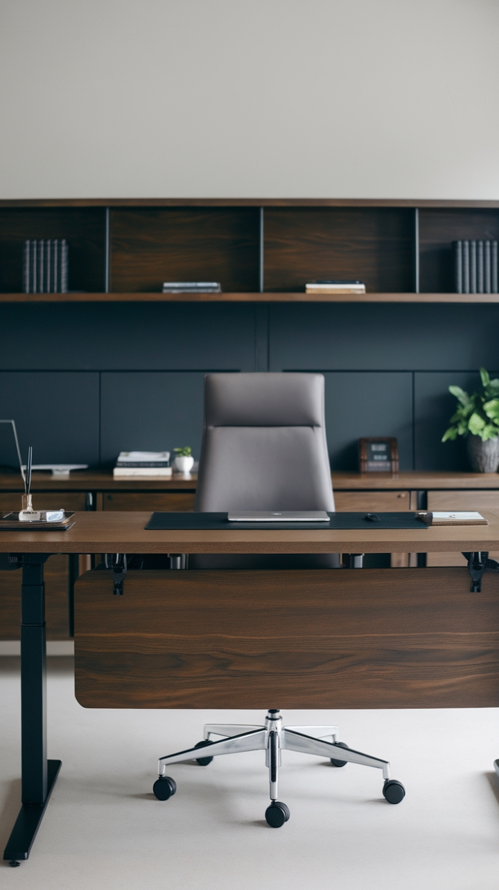 Uncluttered sophistication meets ergonomic excellence. This dark wood desk, a study in minimalist design, commands attention with its adjustable height and sleek lines. The perfect blend of form and function for the modern professional.