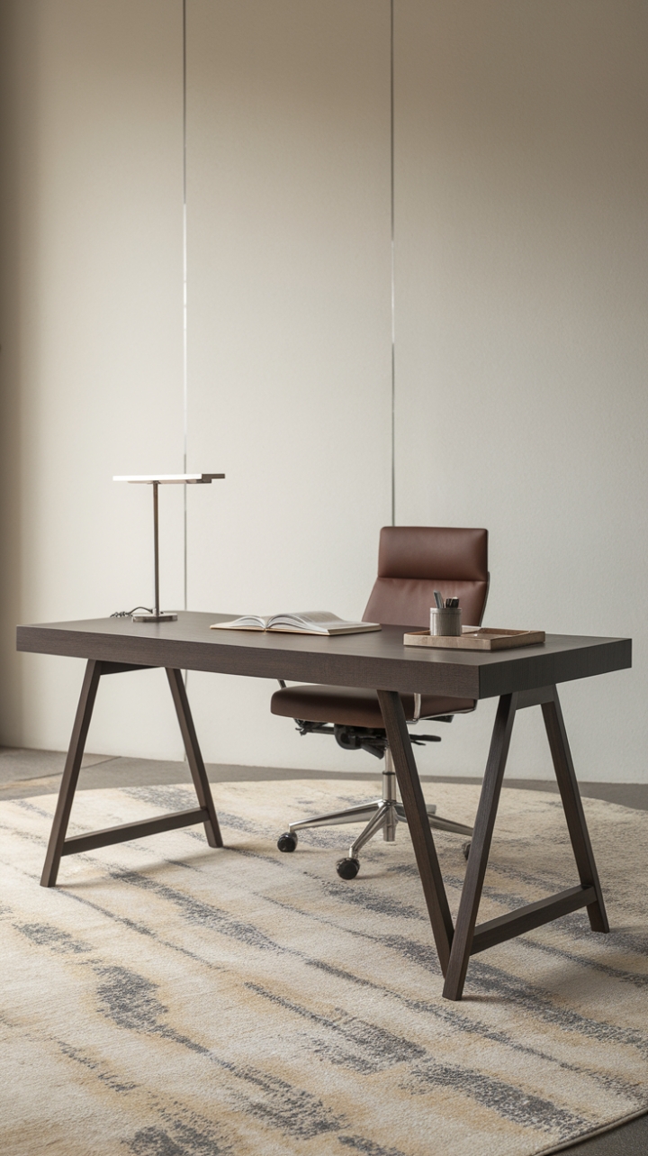 Command your workday from this haven of sleek sophistication. The dark wood desk, a study in ergonomic excellence, anchors the space, its adjustable height promising peak productivity. Minimalist accents and a patterned rug underfoot add a touch of personality to this modern workspace.