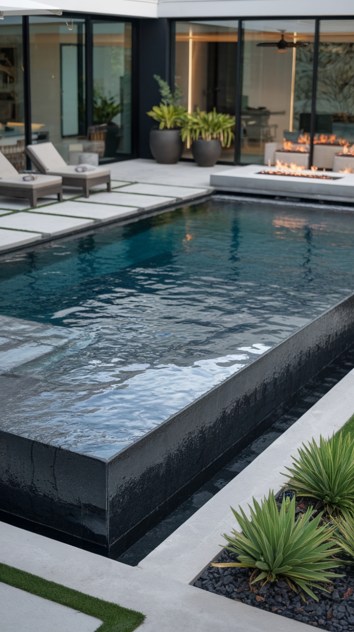 Immerse yourself in the epitome of modern luxury with this stunning contemporary pool, where sleek lines and an infinity edge create a seamless blend between water and sky. The inviting outdoor living space, adorned with chic lounge chairs and a cozy fire pit, beckons for relaxation and social gatherings. Paved with smooth concrete and accented by carefully curated potted plants, the serene ambiance is further enhanced by the striking glass facade of the modern home in the background, making this oasis a perfect retreat for both tranquil moments and stylish entertaining.