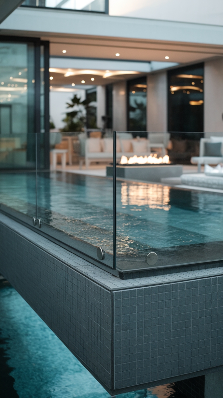 Architectural precision meets aquatic tranquility. This modern pool, perched dramatically at the edge of a building, boasts a sleek, minimalist design and a glass railing offering uninterrupted views. The almost-invisible water creates a sense of floating serenity, perfectly complemented by the stylish outdoor furniture and inviting fire pit, crafting an oasis of sophisticated relaxation.