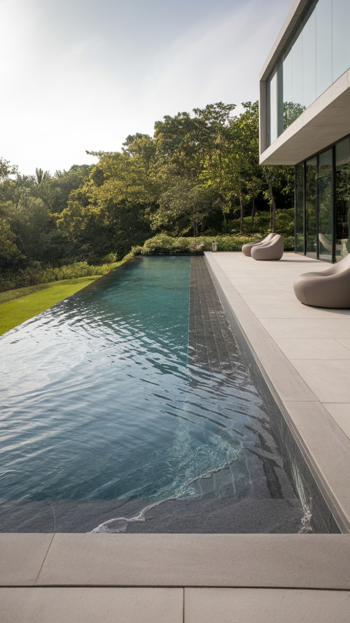 Indulge in the serenity of this minimalist oasis. A dark grey infinity pool, seamlessly blending with the vibrant landscape, beckons relaxation. Light grey paving and comfortable seating complete this sophisticated outdoor sanctuary, framed by the sleek lines of a luxury villa.